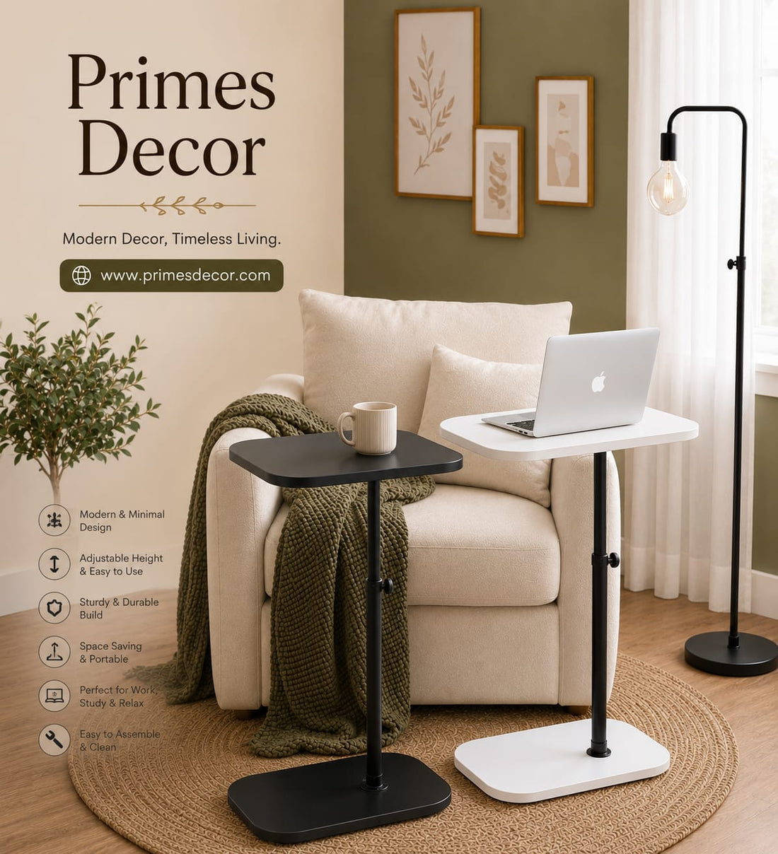 Height Adjustable C- shaped sofa side Table